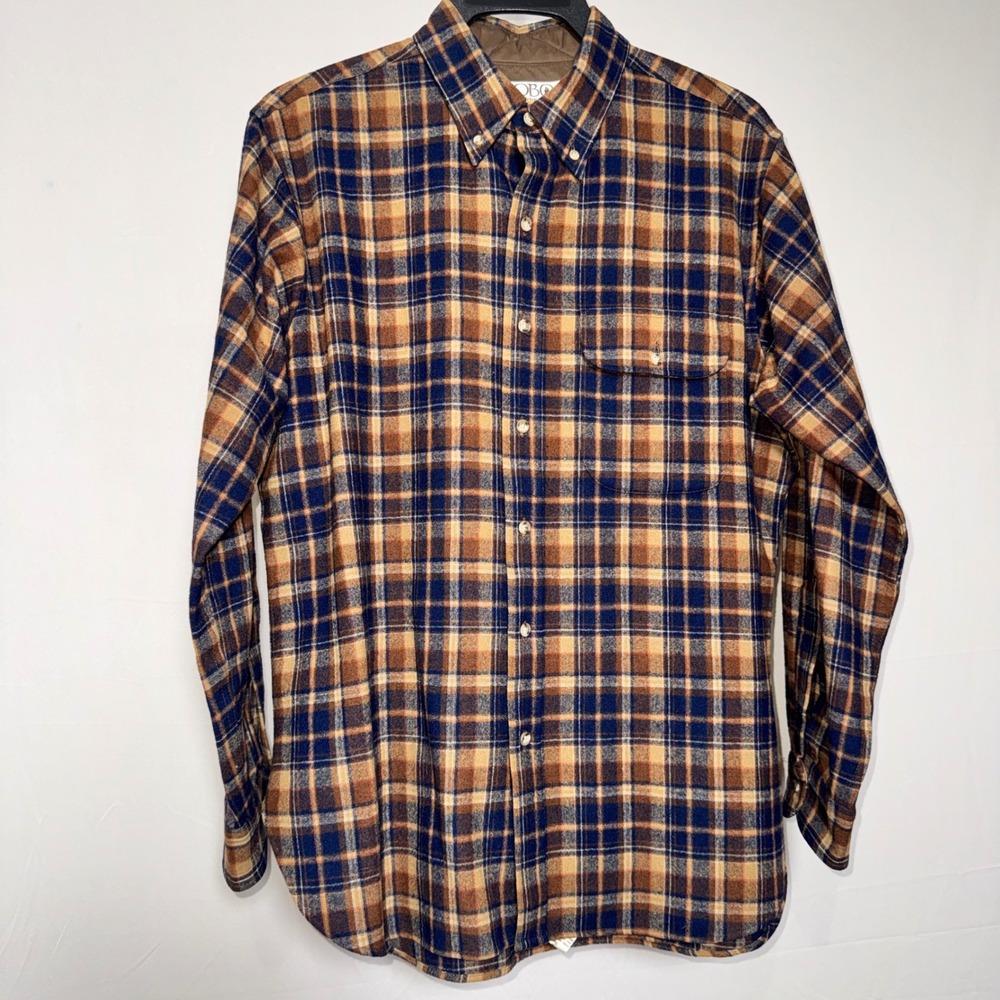 Lobo by Pendleton Mens L Plaid Virgin Wool Flannel Button Down Shirt Tan Blue